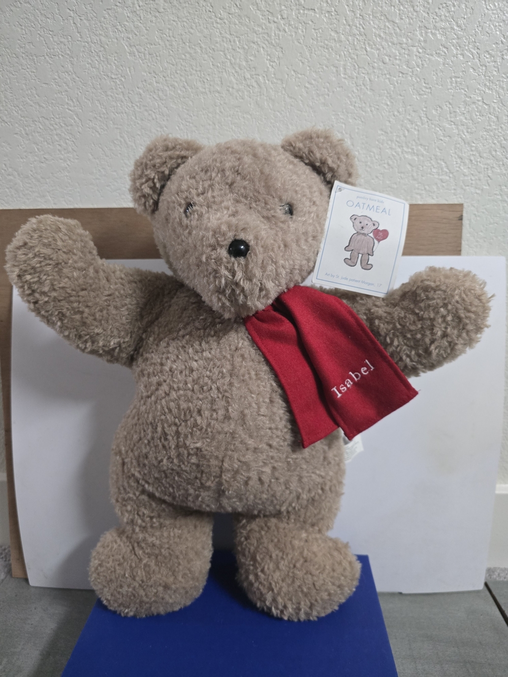 17" Oatmeal Plush Teddy Bear with Personalized Red Scarf